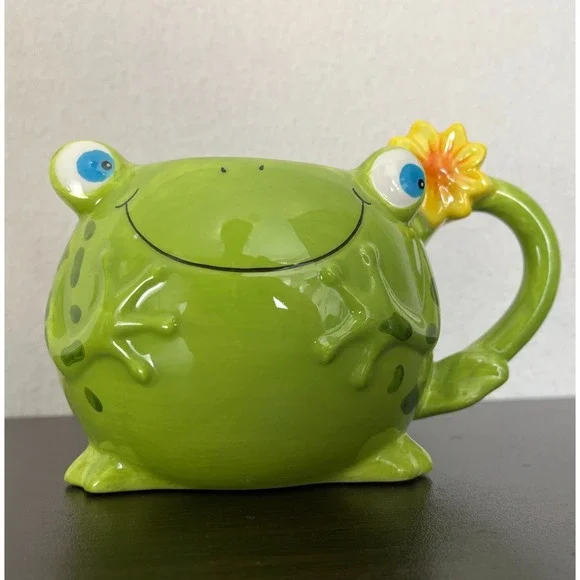 PIER 1 One Imports Freddy The Frog Coffee Cup Mug Planter Ceramic Sunflower Cute - Picture 3 of 10